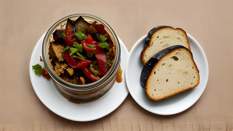 Dark, glossy roasted aubergine and pepper spread in an open jar with slices of bread beside it