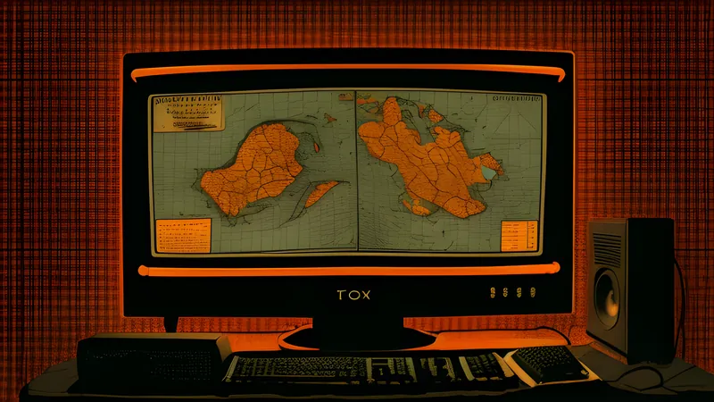 A tabloid reporter holding a torn world map beside a two-headed squirrel, in warm amber CRT tones