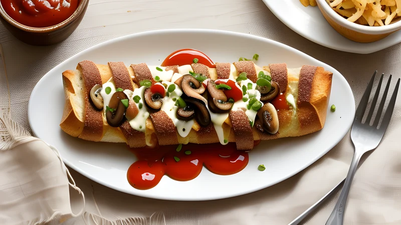 Open-face toasted baguette topped with sautéed mushrooms, melted cheese and chives with a zigzag of ketchup