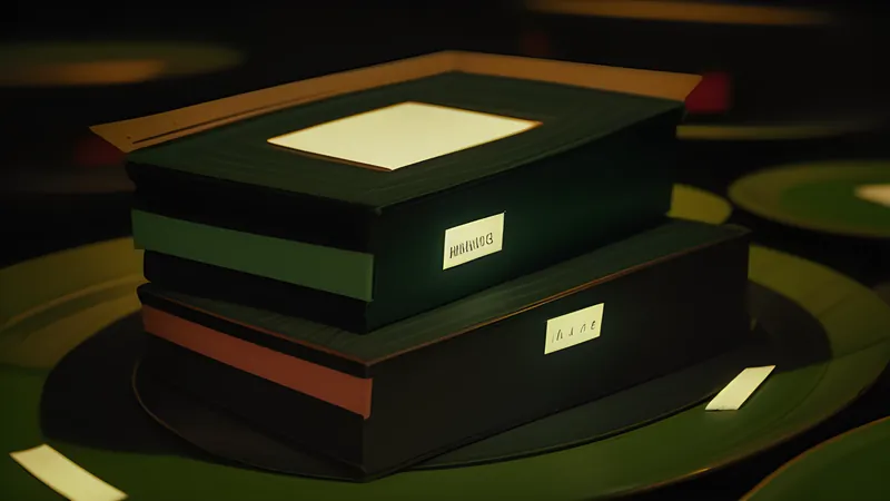 A glowing index-card catalogue floating above a dark mass of spinning platters