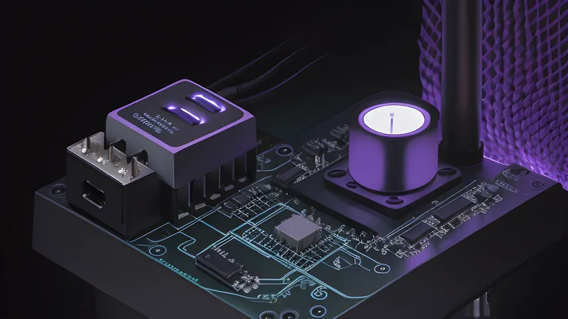 Two invented smart plug forms with different radiating signal patterns, one tight mesh, one wide broadcast waves