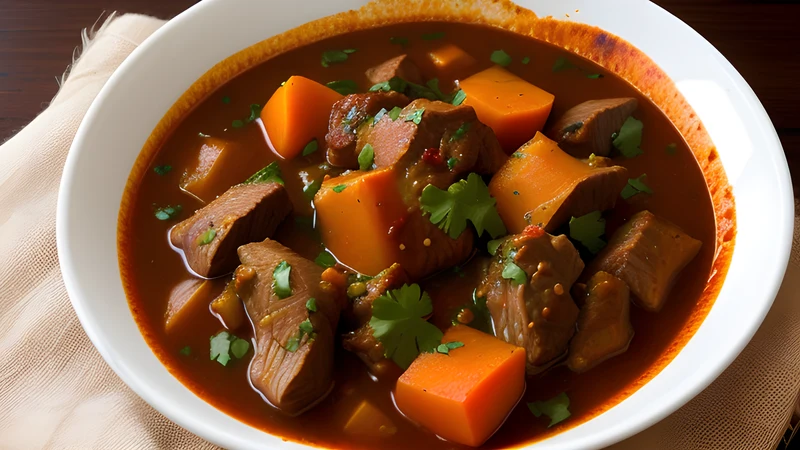Fiery red Eritrean berbere beef stew on injera