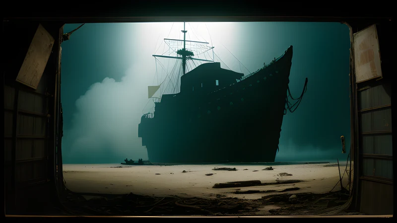 A tropical shoreline at dusk with the rotting hull of a beached galleon, rendered as a grainy repertory cinema poster in teal and amber
