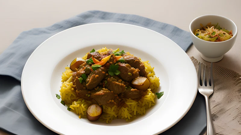 Saffron-streaked Yemeni zurbian rice with tender lamb, golden potato and fried onions on a platter