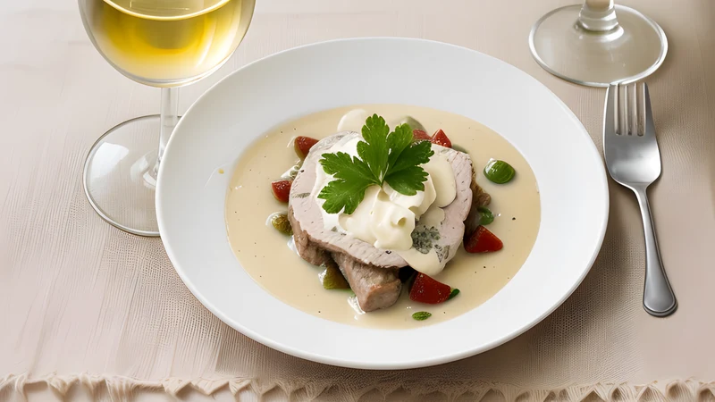 Strips of veal in a pale cream sauce with mushrooms and parsley, beside a crisp golden rösti