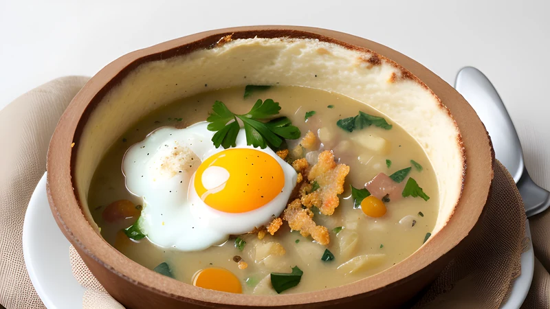 Creamy sour rye soup with white sausage and half an egg served inside a hollowed round bread loaf