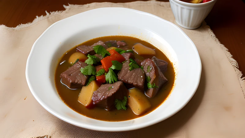Dark glossy beef stew in a shallow bowl with chips and mayonnaise, bay leaf on top